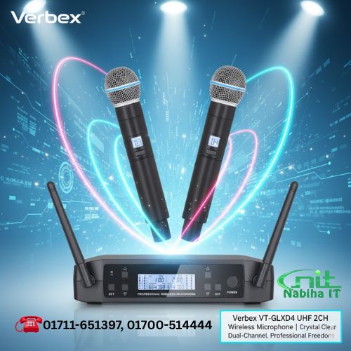Verbex VT-GLXD4 Dual UHF Wireless Microphone System Ideal for Cantonment, School, Hospital, University, Army, Navy, BGB & Police Use